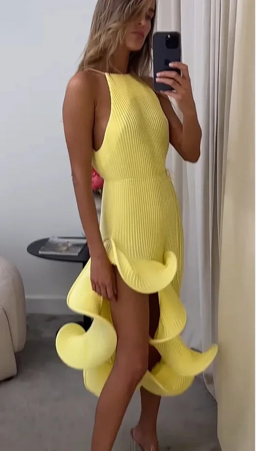 Sexy Knot Waist Lace Trim Midi Dress Sleeveless High Collar