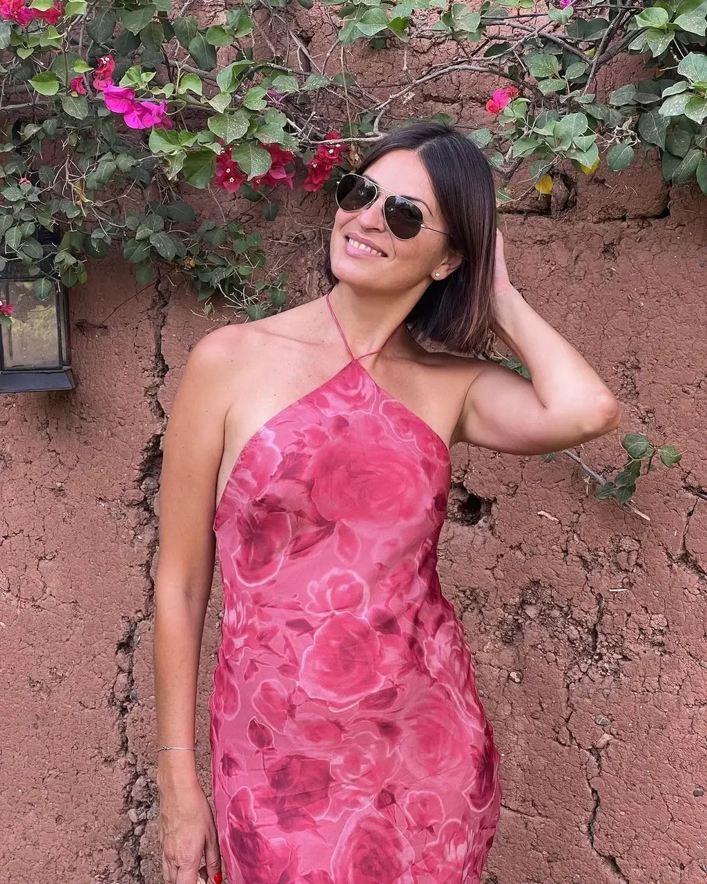 Floral Print Halter Dress With Backless Bodice Sleeveless Bodycon