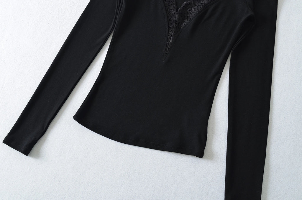 Lace Splice Long Sleeve Vneck Top For Night Out Chic