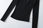 Lace Splice Long Sleeve Vneck Top For Night Out Chic