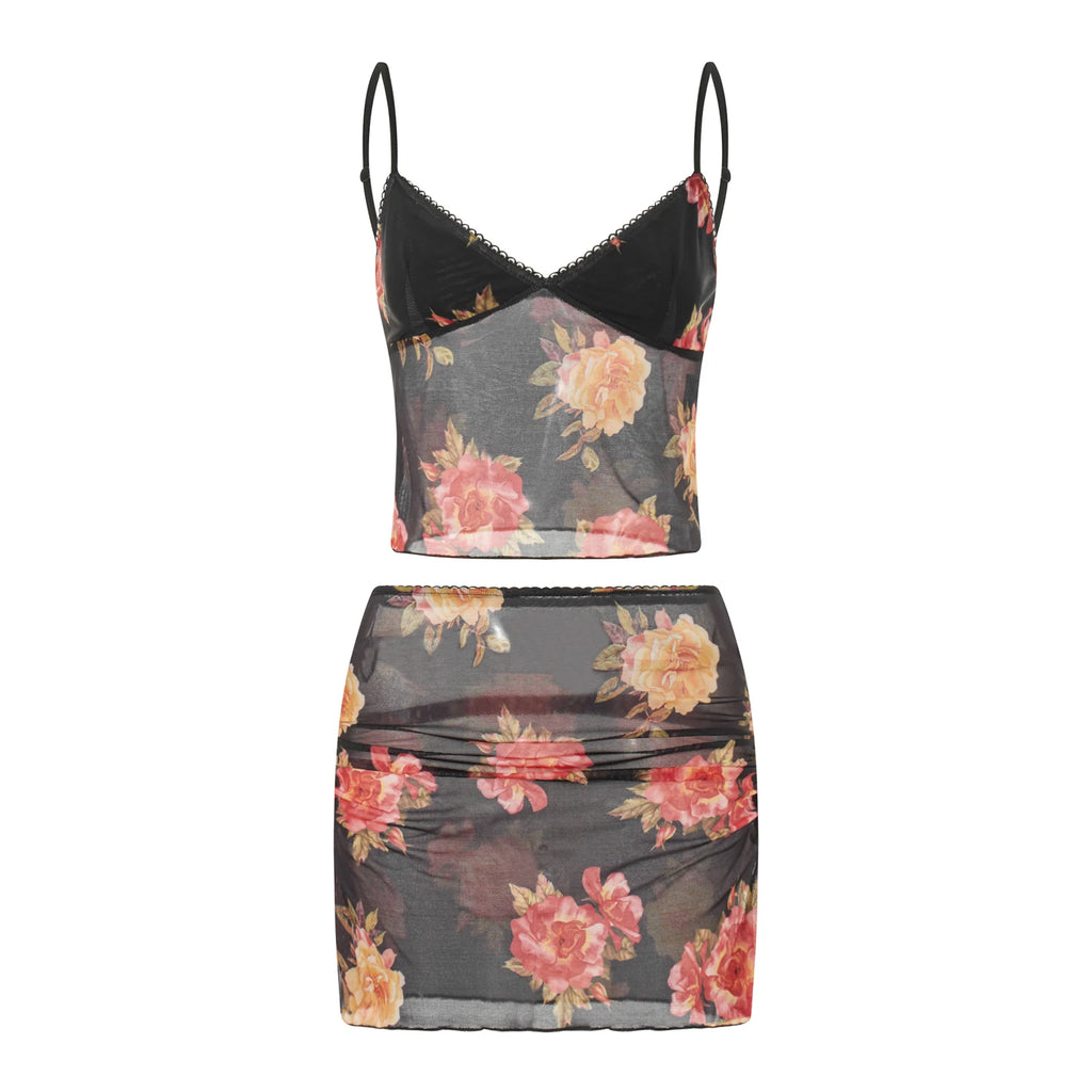 Floral Print Two Piece V Neck Cami Top With Elastic Waist Mini Skirt Set