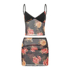 Floral Print Two Piece V Neck Cami Top With Elastic Waist Mini Skirt Set