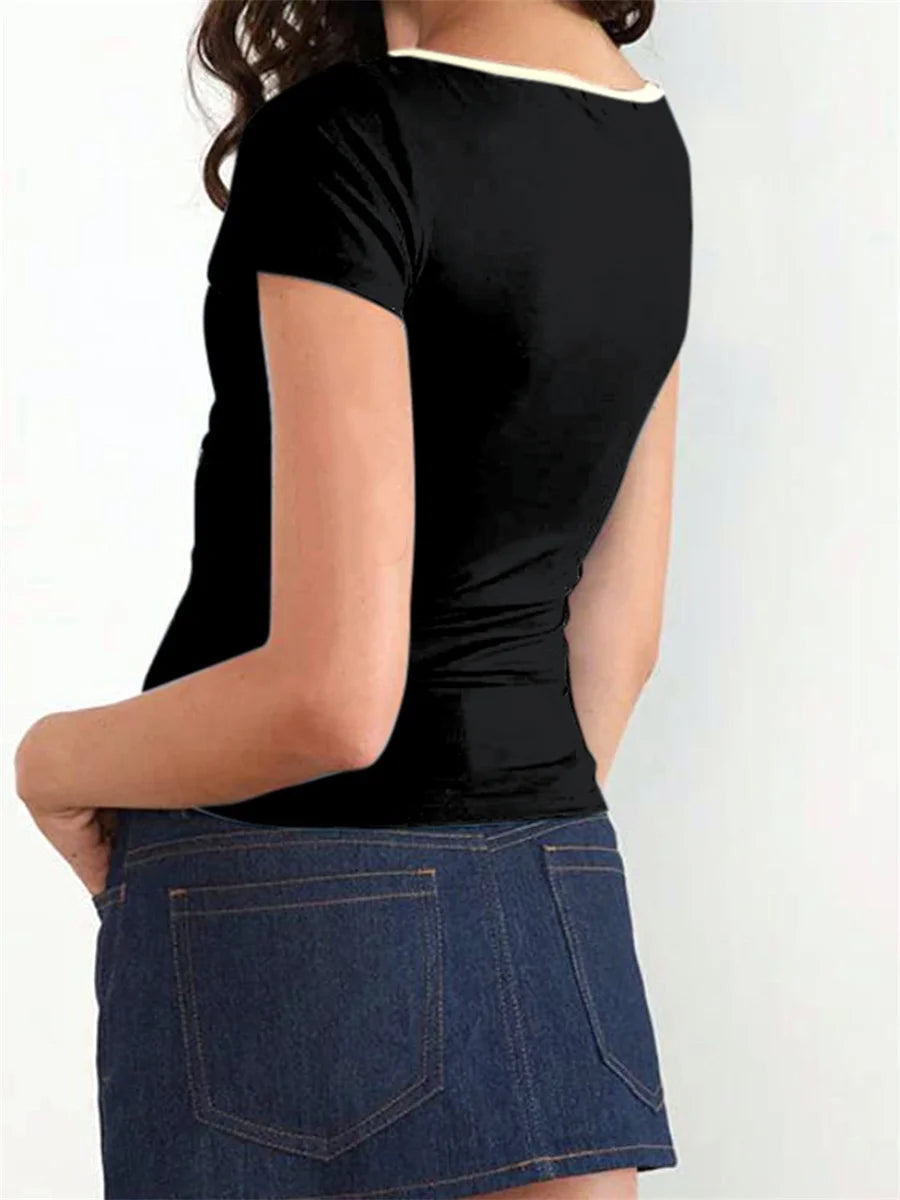 Nostalgic Streetwear Tee With Hollow Flower Cutout Slim Fit Half Sleeve For Women