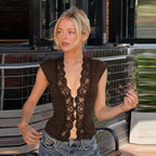 Flirty Lace Sheer V Neck Sleeveless Crop Top With Button Front Slim Fit