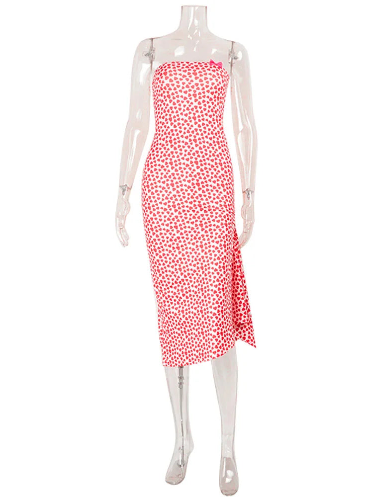 Heart Print Strapless Hip Wrap Sheath Dress