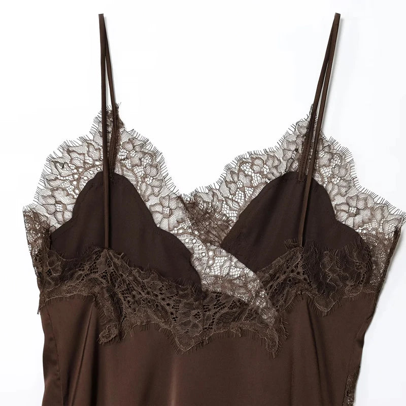 Satin Elegant Backless Lace Slip Dress
