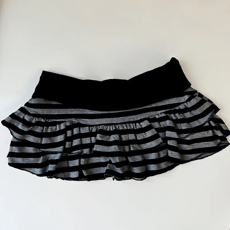 Grunge Stripe Ruffle Mini Skirt With High Waist Elastic Comfort A-Line