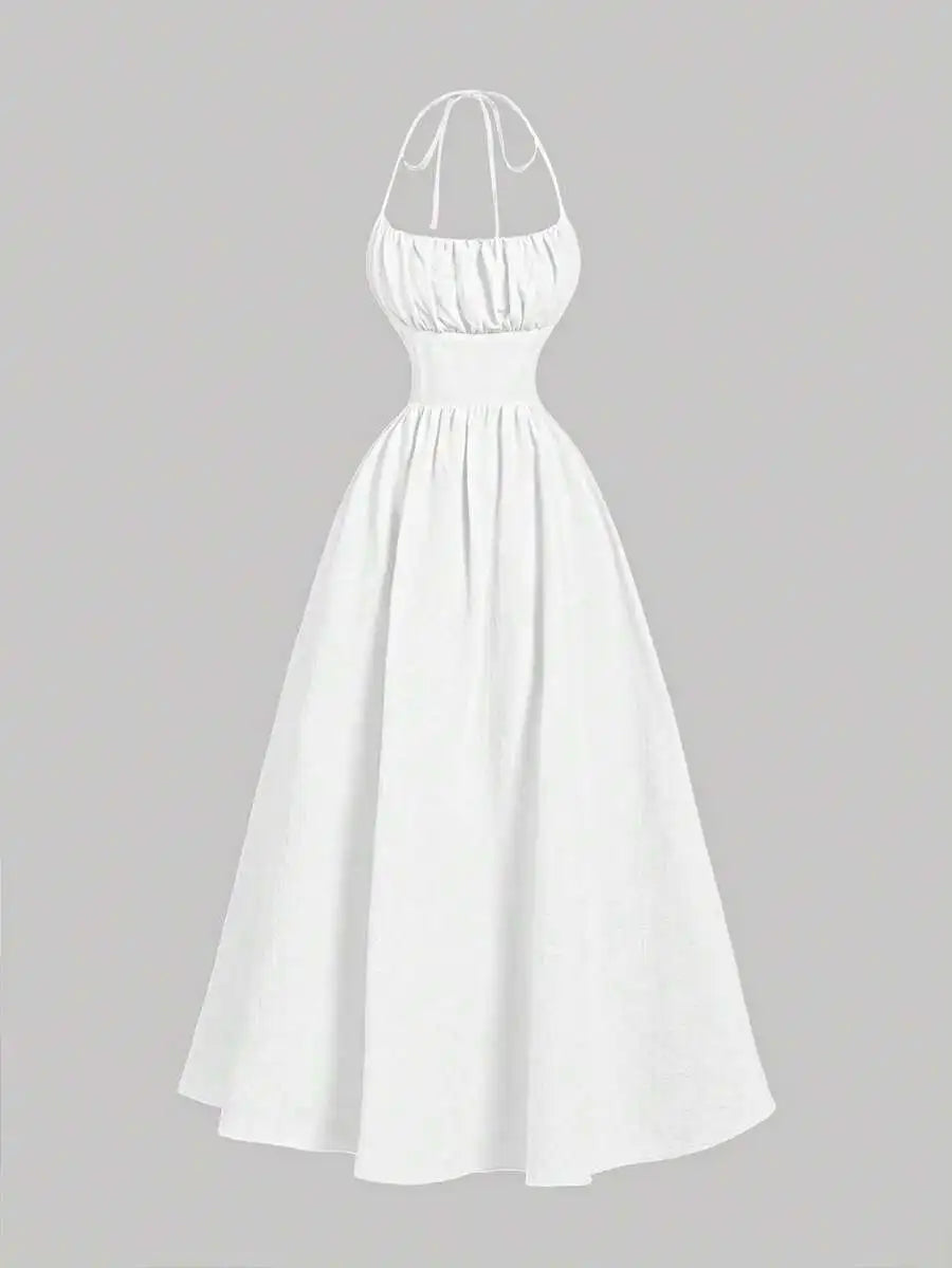 Halter Backless Midi Dress With Bowknot Waist Tie A Line