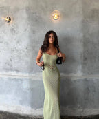 Floral Knit Strap Maxi Dress Backless Beach Cover Up For Summer Vacation And Resort Style