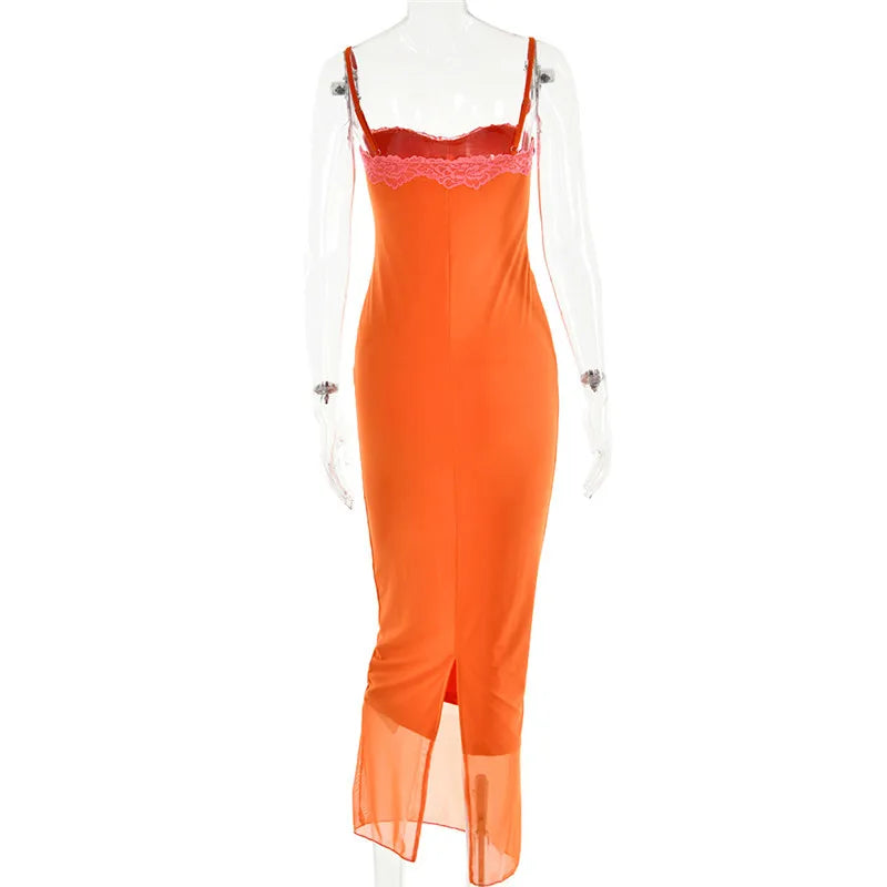 Lace Spaghetti Strap Bodycon Maxi Dress With Patchwork Backless