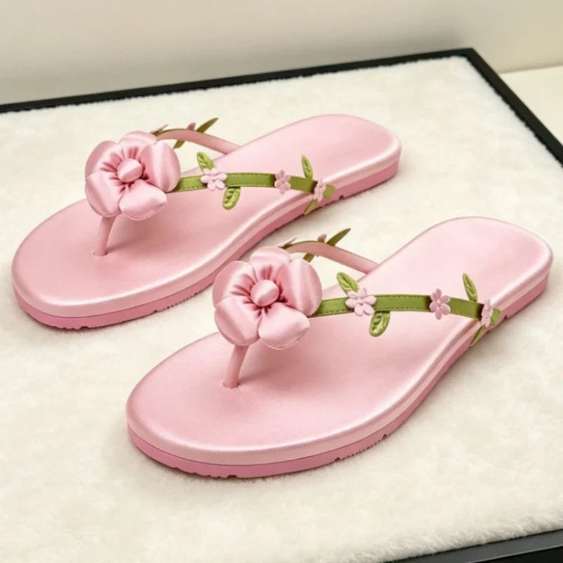 Pink Satin Flower Decorated Flip Flops For Women Comfortable Split Toe Sandals