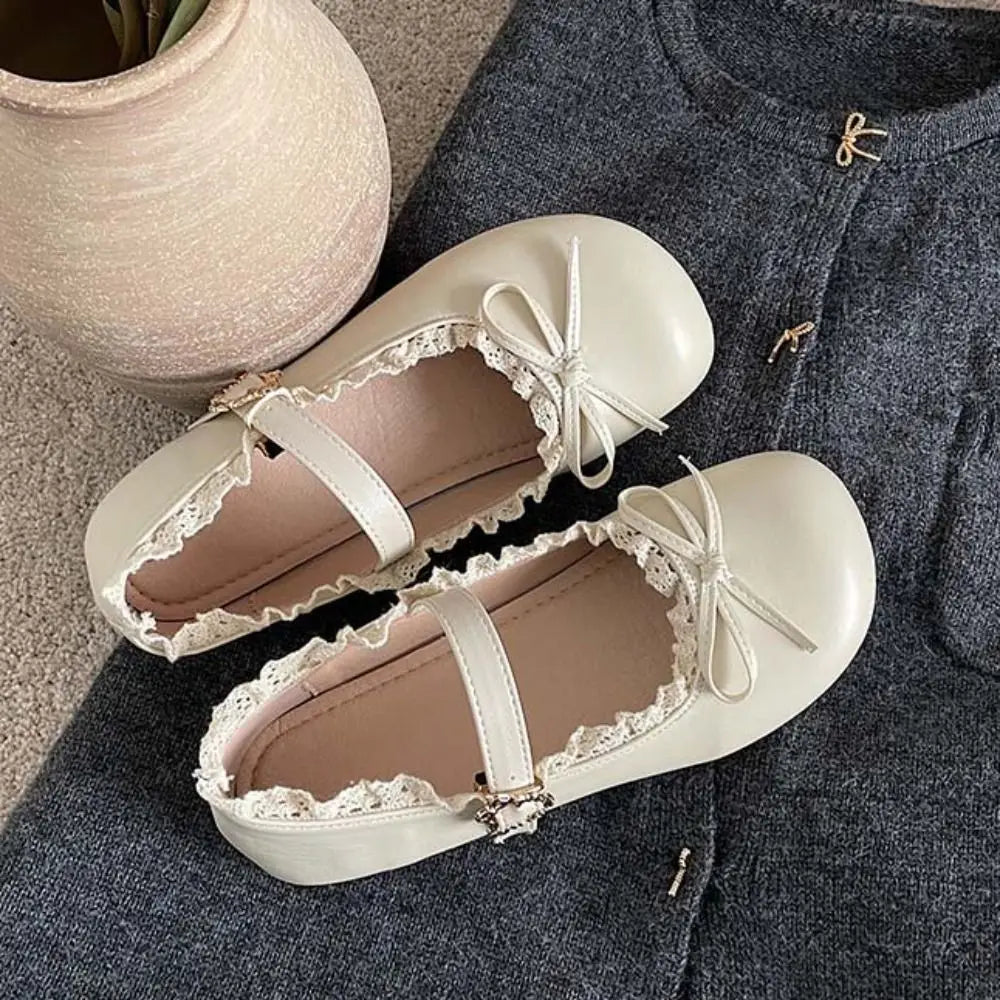 Lolita Inspired Mary Jane Flats With Bow Lace Pu Leather Soft Sole Slip On