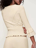 Hollow Crochet Knit Cropped Sweater in Beige and Red Long Sleeve Knit Top for Women