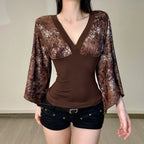 V Neck Patchwork Tee With Batwing Sleeves Retro Aesthetic Top