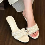 French Inspired Butterfly Bow Open Toe Sandals With Mid Heel For Women