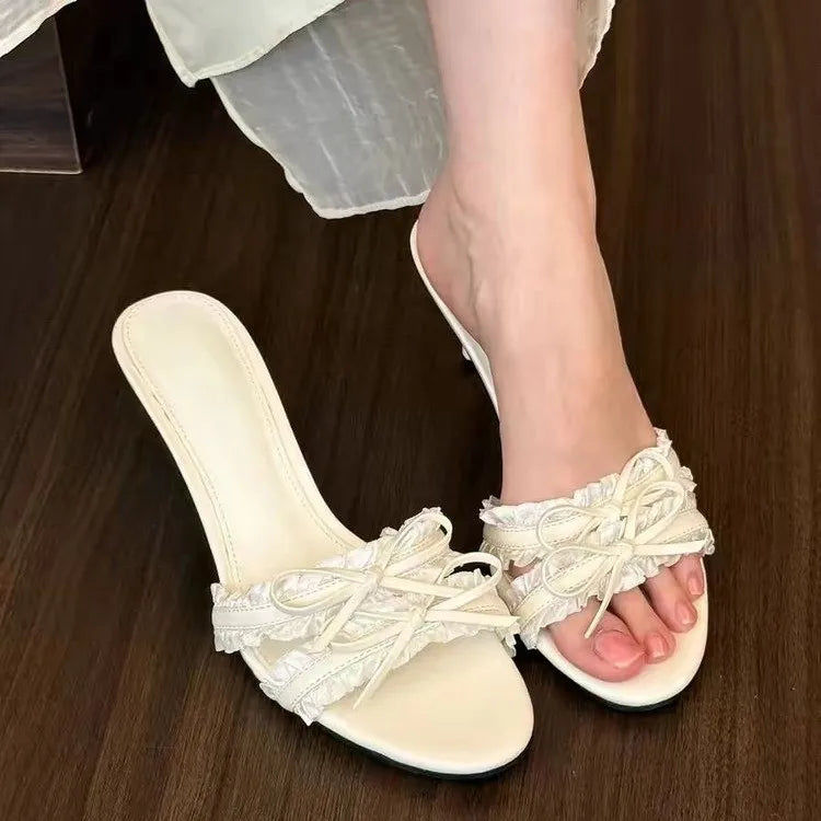 French Inspired Butterfly Bow Open Toe Sandals With Mid Heel For Women