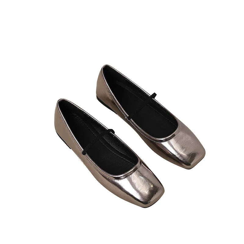 Metallic Square-Toe Mary Janes Slip-On Flats