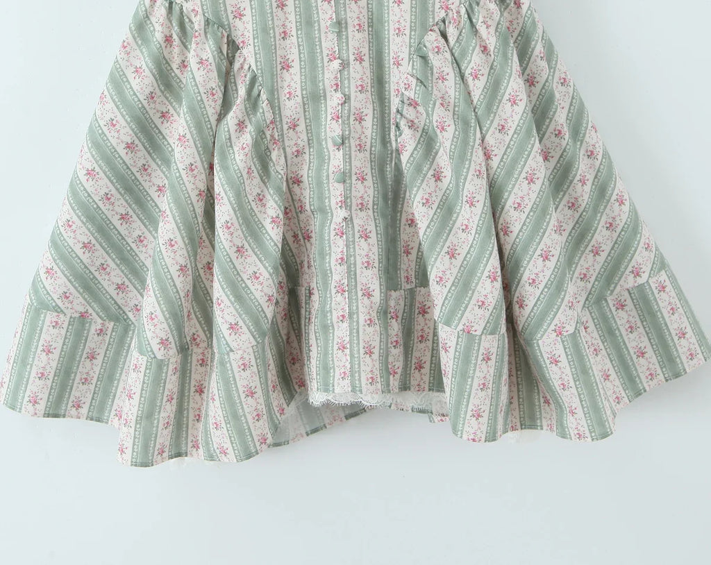 Green French Style Floral Sexy Mini Bohemian Women V-neck Striped Ruffles Dress