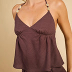 Boho Vintage Badydoll Tie Open Back Halter Peplum Top