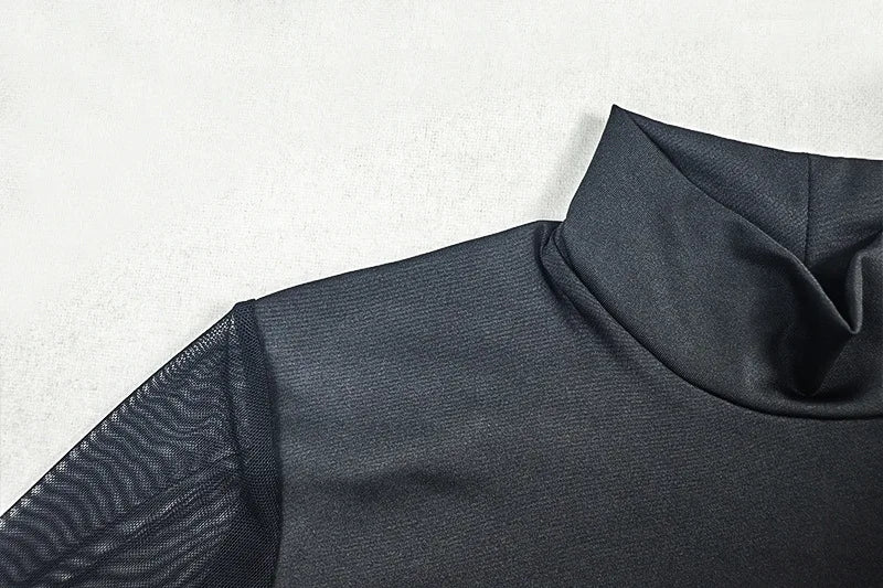 Backless Maxi Dress With Turtleneck Mesh Patchwork