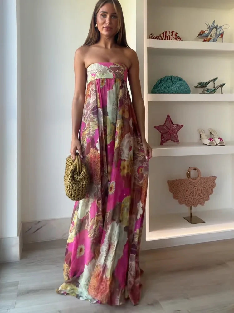 Printed Strapless Maxi Dress Elegant Off Shoulder Backless Gown High Waist