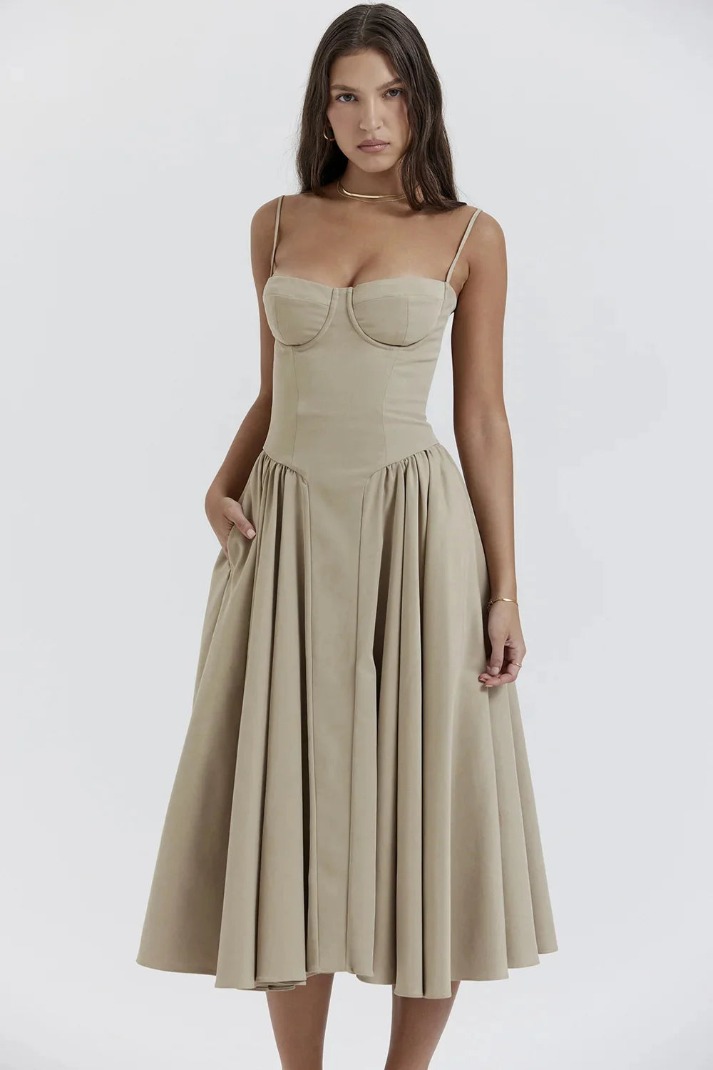Backless Suspender Midi Dress Sleeveless A Line Style For Evening Wear