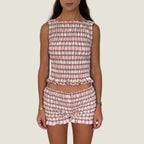 Cozy Two-piece Plaid Shorts Set With Smocked Tank Sleeveless Top And Ruffled Trim