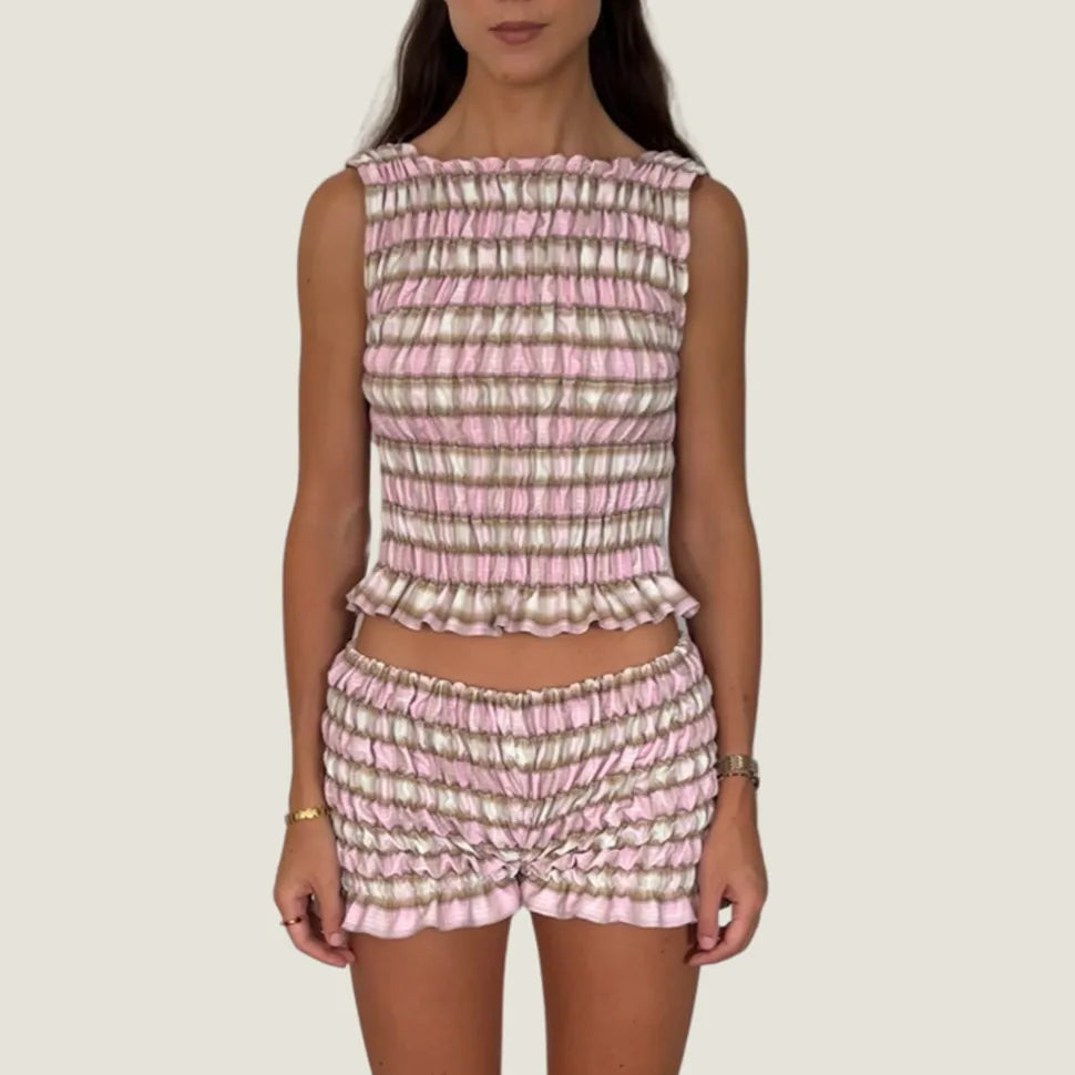 Cozy Two-piece Plaid Shorts Set With Smocked Tank Sleeveless Top And Ruffled Trim