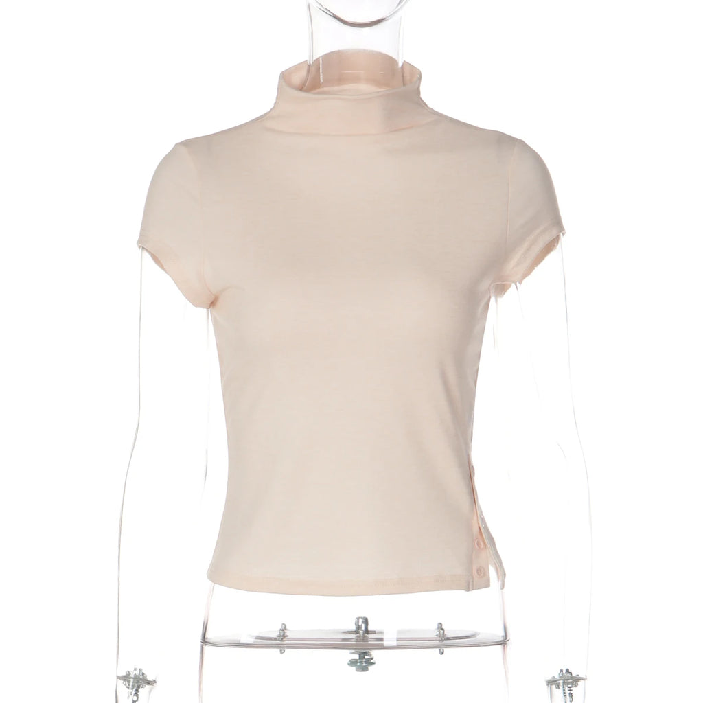 Turtleneck Crop Tank With Slit And Button Details