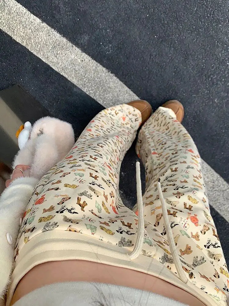 Cozy Puppy Print High Waist Fleece-Lined Flared Leg Pants