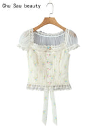 Sweet Floral Print Chic Lace Short Blouses Vintage Square Collar Puff Sleeve Slim Shirt