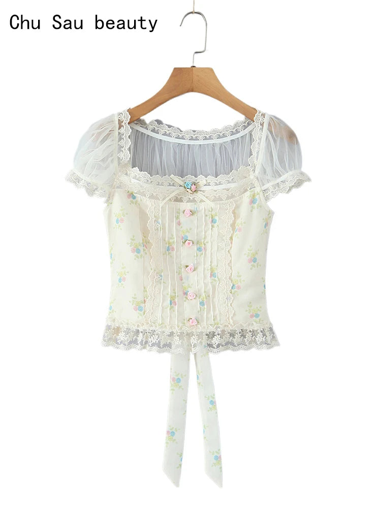 Sweet Floral Print Chic Lace Short Blouses Vintage Square Collar Puff Sleeve Slim Shirt