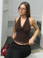 Backless Halter Knit Tank With Lace Up Details And Swing Collar