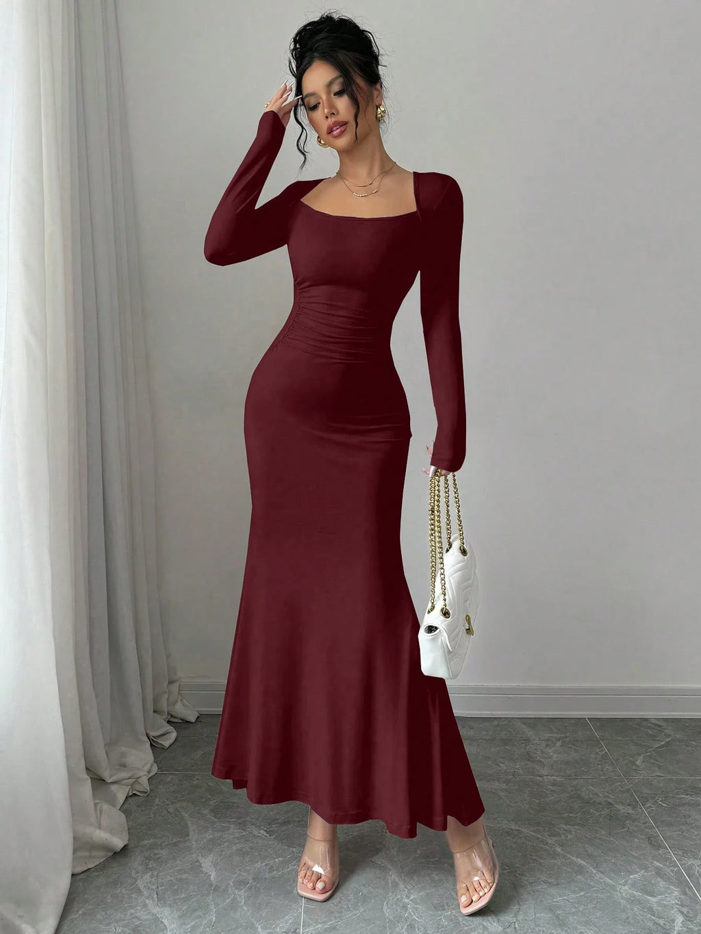 Retro Square Collar Dress With Long Sleeves In Solid Color