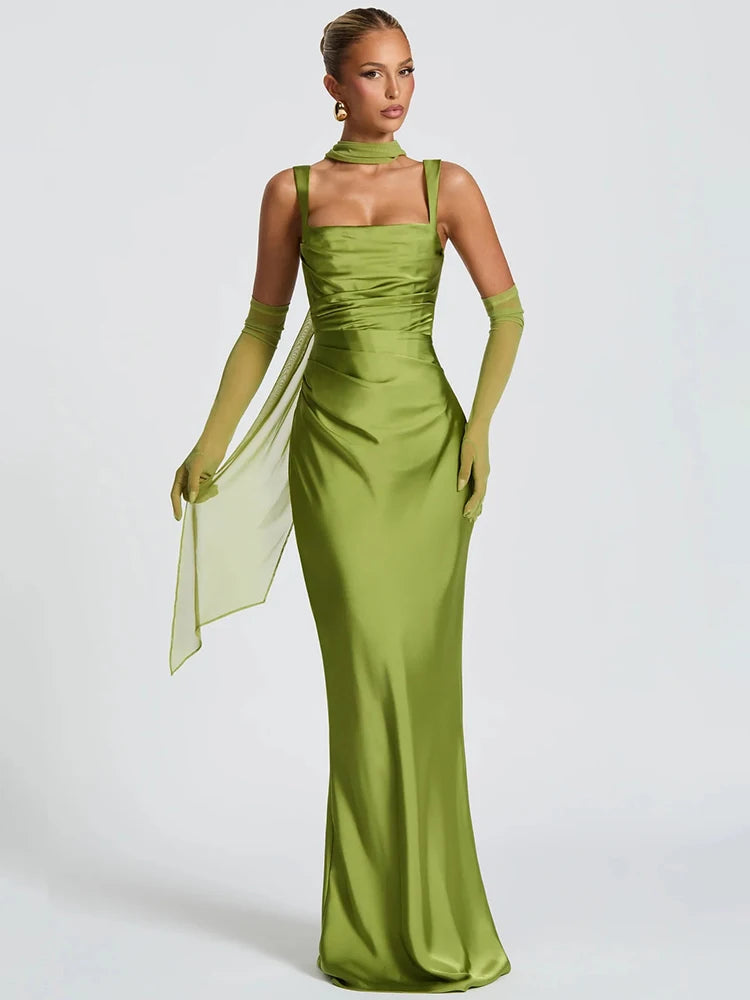 Elegant Satin Backless Halter Off-Shoulder Maxi Dress