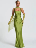 Elegant Satin Backless Halter Off-Shoulder Maxi Dress