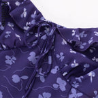 Purple Square Neckline Floral Print Blouse Flare Short Sleeve