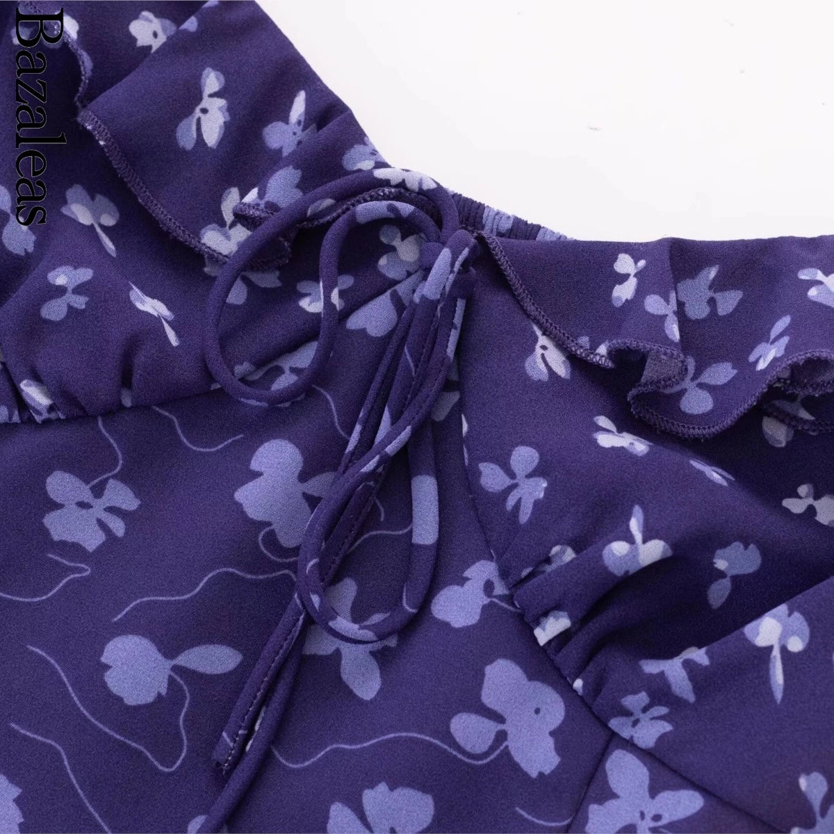 Purple Square Neckline Floral Print Blouse Flare Short Sleeve