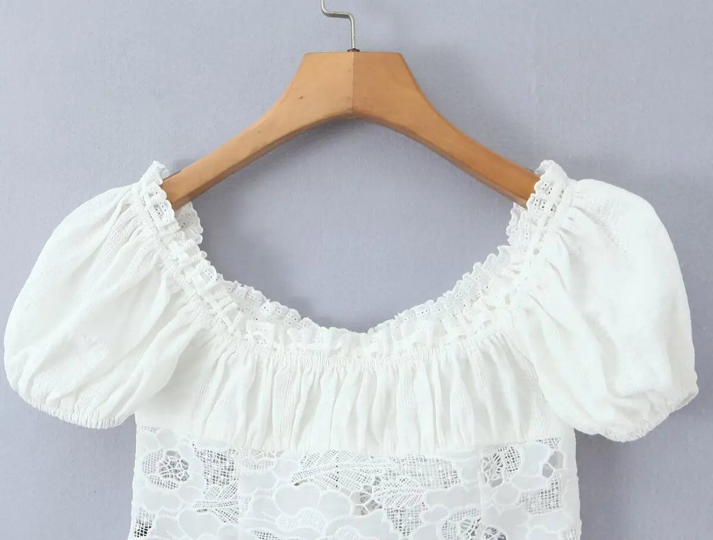 Romantic Lace Patchwork Off Shoulder Puff Sleeve Crop Top