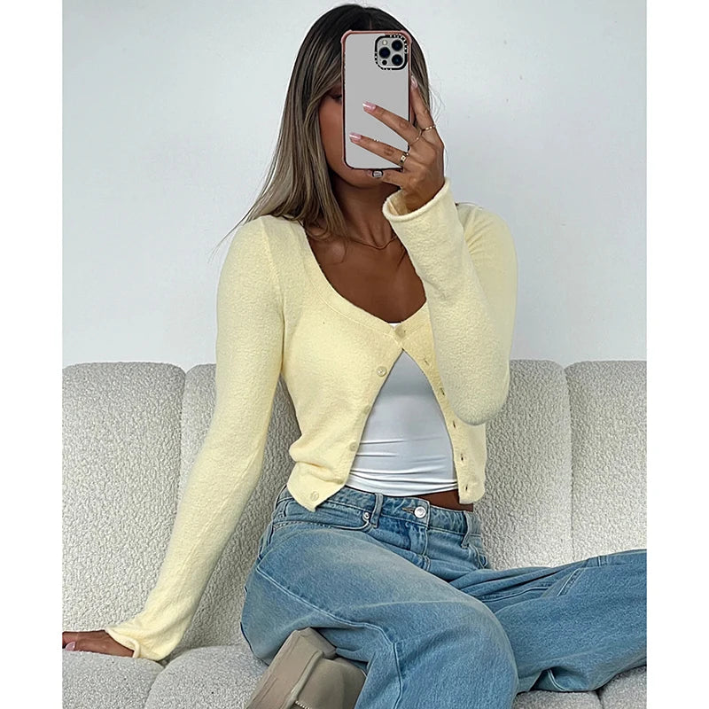 Square Collar Crop Top With Long Flare Sleeves And Button Details