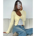 Square Collar Crop Top With Long Flare Sleeves And Button Details