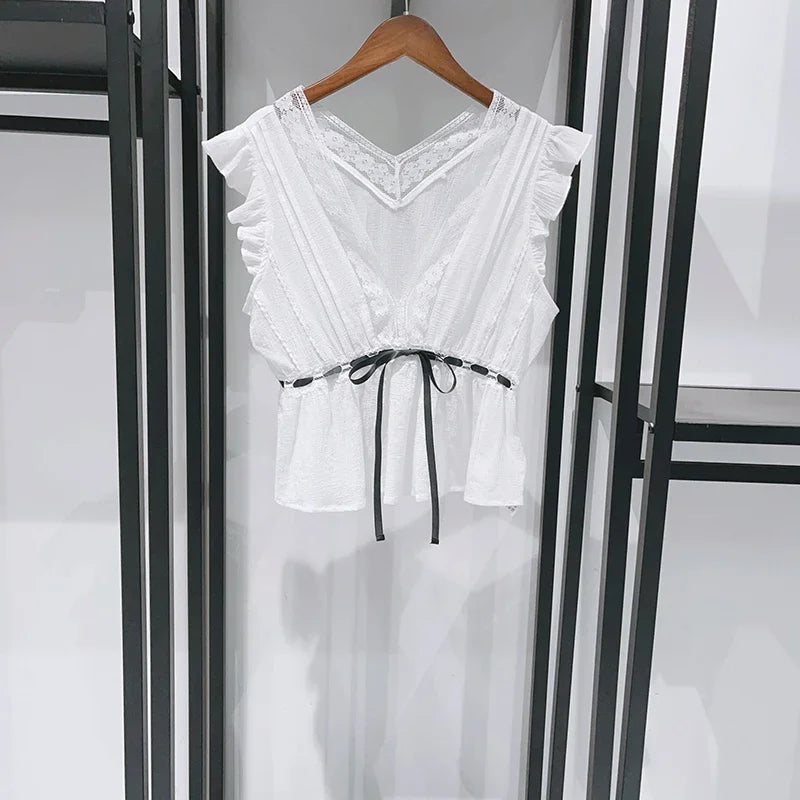 Sweet Lace V Neck Blouse With Ruffles And Flutter Sleeves