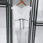 Sweet Lace V Neck Blouse With Ruffles And Flutter Sleeves