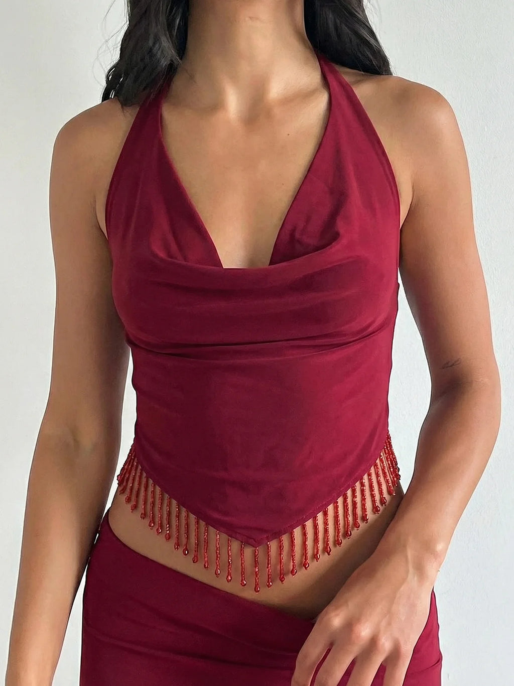 Halter V Neck Backless Crop Top With Lace Up Crystal Tassels