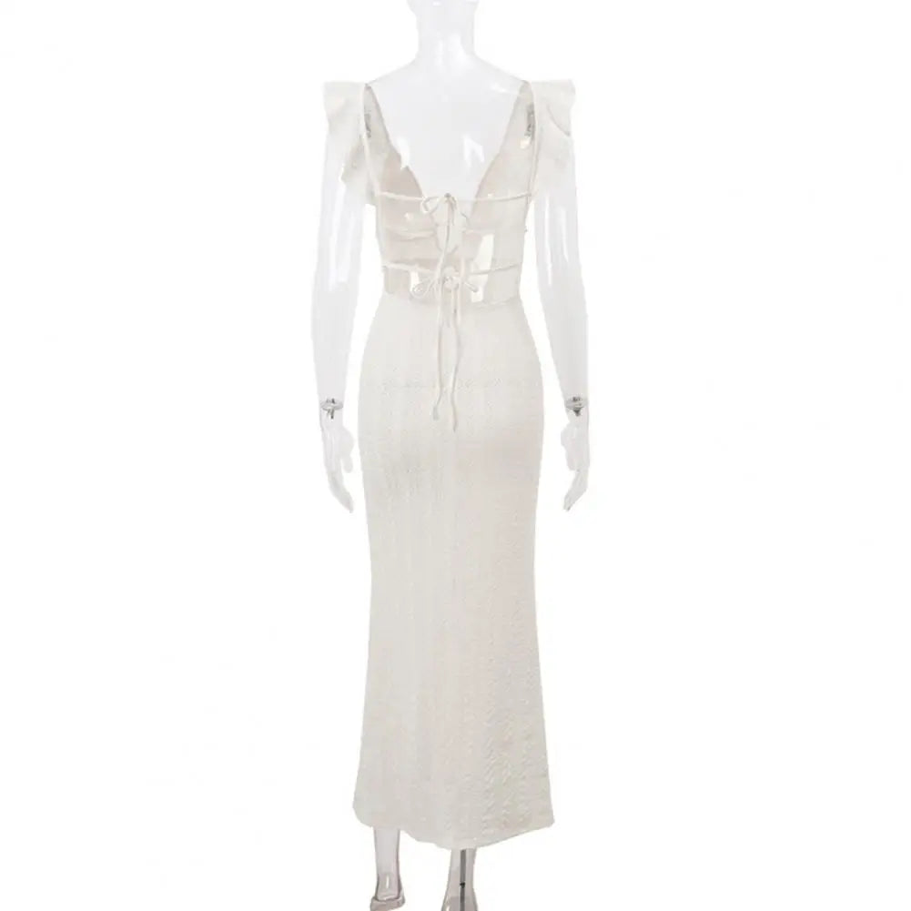 Knit Dress With Backless Hollow Out Lace Up Solid A Line Sleeveless