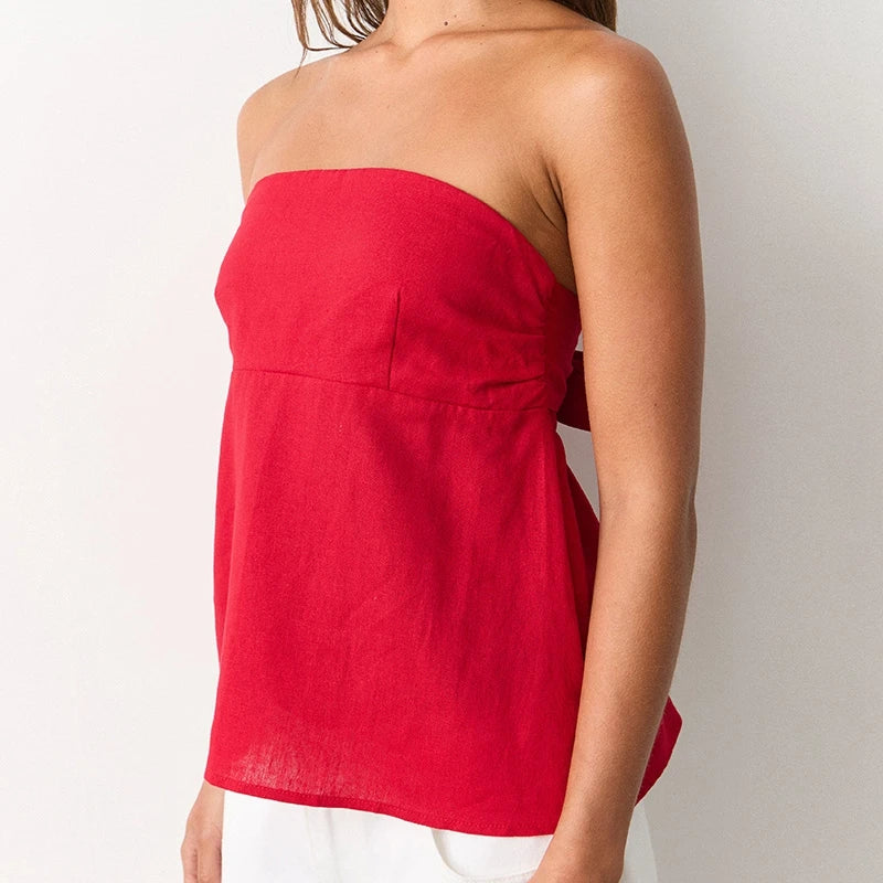 Strapless Peplum Top With Ruffle Hem Bandeau Backless