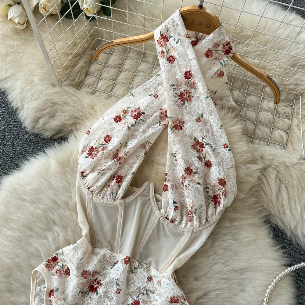 Floral Halter With Mesh Bodysuit
