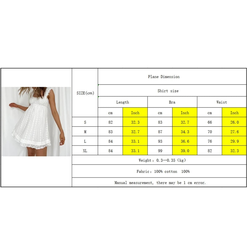 Backless Babydoll Dress With Jacquard Eyelet Lace Square Neck Frill Bust High Waist A Line Sundress