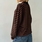 Vintage Rib Knitted Striped Collared Sweater Loose Long Sleeve Pullover Knit Top