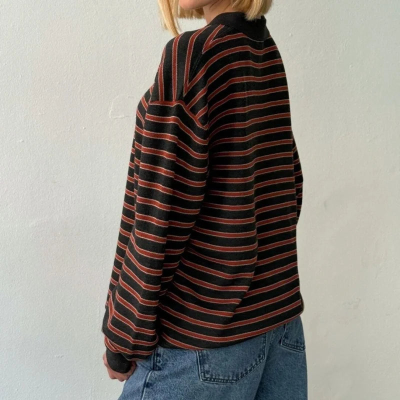 Vintage Rib Knitted Striped Collared Sweater Loose Long Sleeve Pullover Knit Top